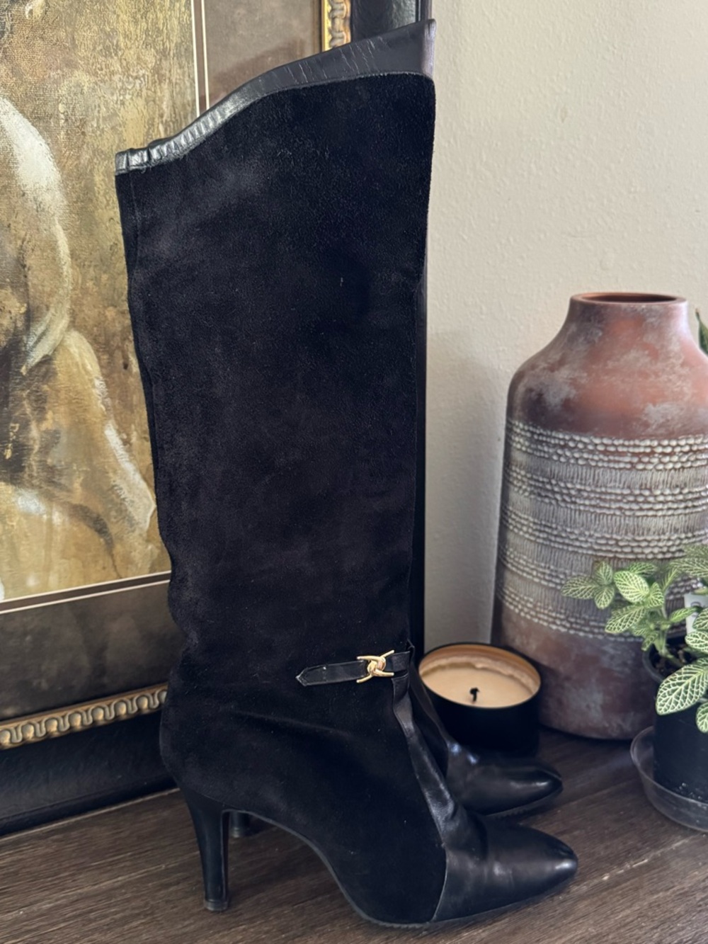 Johansen Black Suede and Leather Knee Boots with Gold Accent Hardware